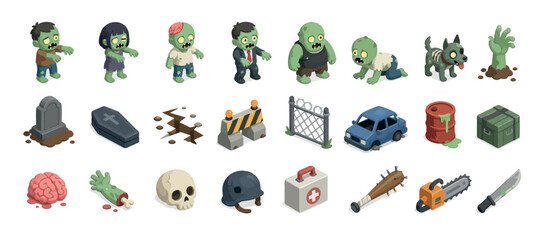 Pixel art collection of zombie and horror themed objects. © Kai_