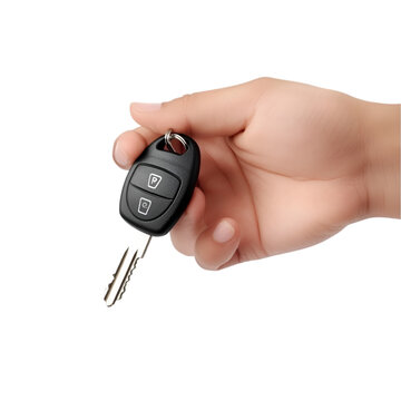 Hand holding a car key with remote control buttons isolated on transparent background