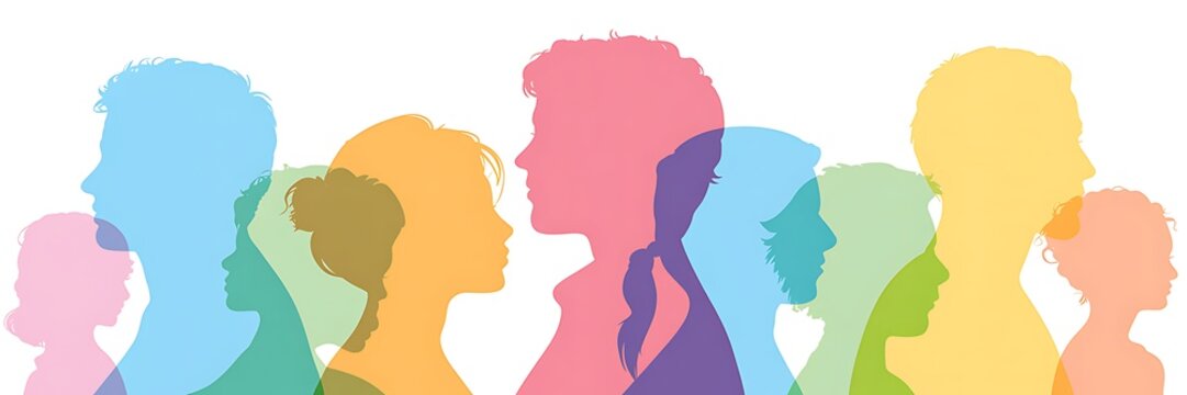 Silhouettes show a diverse group of people in colorful profile view.