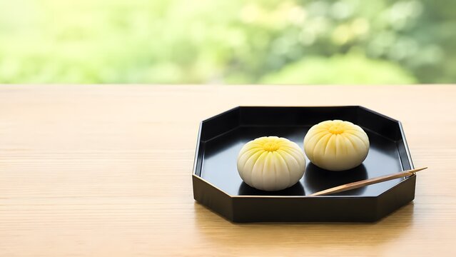 黒漆の菓子器に置いた菊の練り切り 立体感のある秋の上生菓子と窓辺の緑