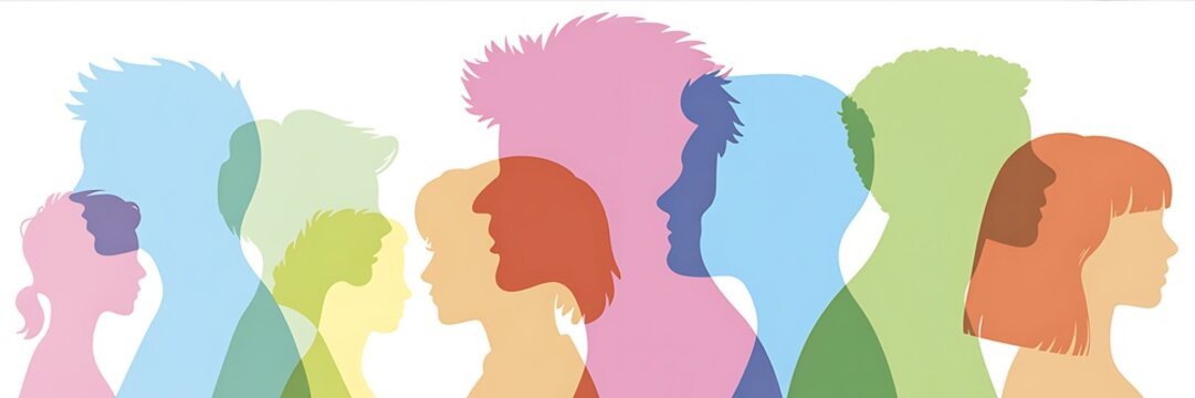 Humans in profile stand aligned as a colorful group of silhouettes.