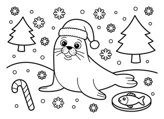 Foca adorable con gorro de Papá Noel en una escena invernal nevada: página para colorear © Habibur