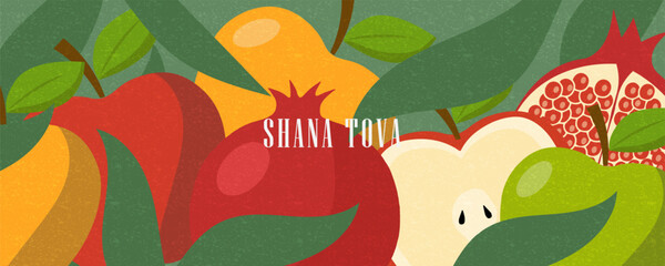 Shana Tova. Rosh Hashanah greeting card, cover, holiday web banner, poster background. colorful rosh hashana celebration Jewish New Year with apple and pomegranate pattern in trendy modern art style.