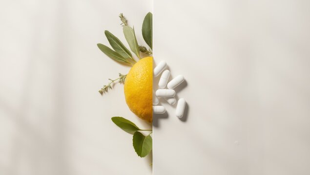 Minimalist view of vitamin C. Natural lemon vs. synthetic tablets. Alternative therapy. Food supplement.