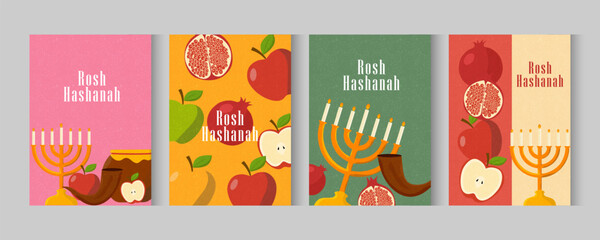 Fototapeta premium Shana Tova. Rosh Hashanah greeting card, cover, holiday web banner, poster background. colorful rosh hashana celebration Jewish New Year with apple and pomegranate pattern in trendy modern art style.