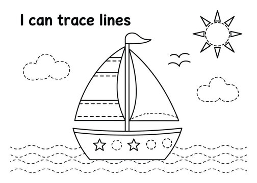 Hoja de trabajo educativa para ni&ntilde;os: trazar l&iacute;neas con un velero