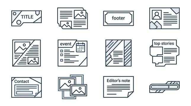 Professional Minimalist Line Icon Set Featuring Newspaper and Digital Media Elements for Website or App Design Featuring 12 Unique Icons in Monochrome