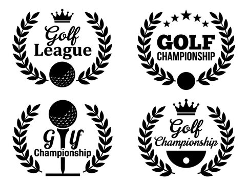 Vintage golf championship emblems with laurel wreaths, crowns, and ball icons for tournament branding.