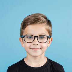 Fototapeta premium Happy smiling boy wearing round green eyeglasses portrait against blue teal background.