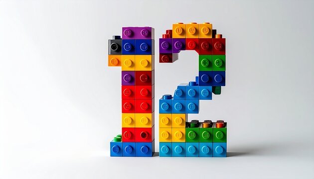 Realistic plastic building brick number 12 constructed from colorful toy blocks on white background