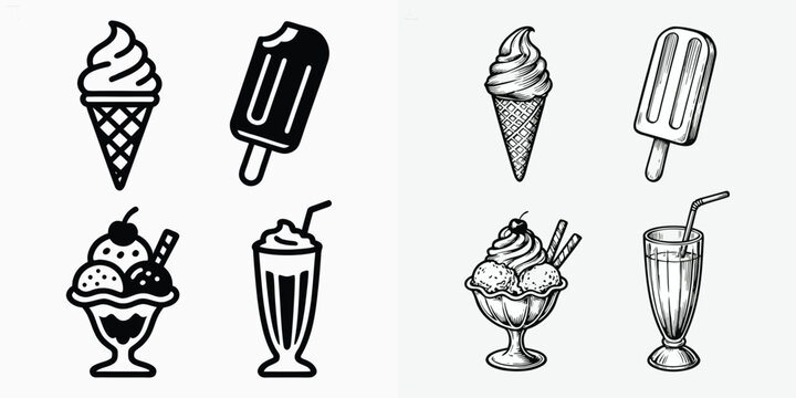 Ice cream and cold dessert icon and sketch set with waffle cone popsicle sundae and milkshake in flat vector and hand drawn line art styles
