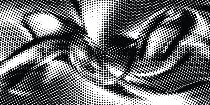Abstract Black and White Halftone Dot Wave Background with Dynamic Flow and Optical Distortion Vector
