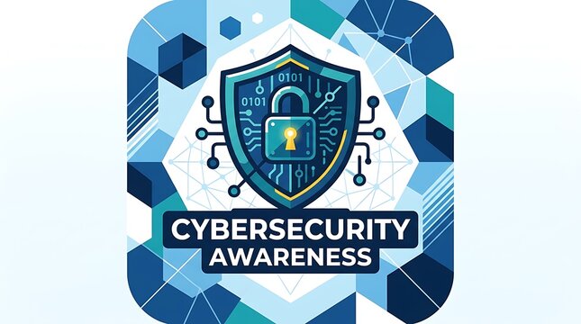 Bold CYBERSECURITY AWARENESS font, a quality flat vector image, and a digital shield icon