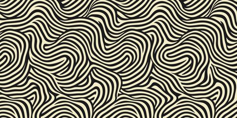 Fototapeta premium Psychedelic wavy line pattern, black and white optical art background, seamless liquid swirl texture, abstract topographic vector illustration