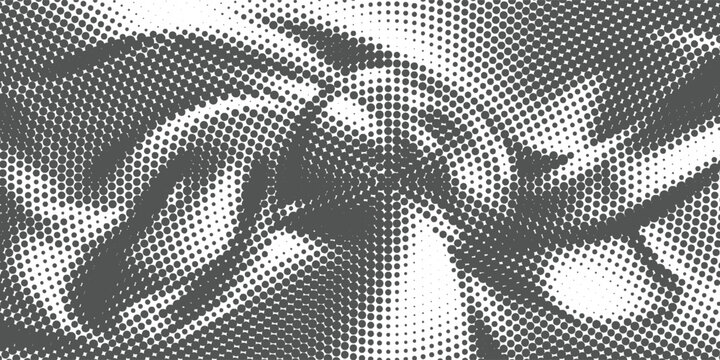 Abstract Black and White Halftone Dot Wave Background with Dynamic Flow and Optical Distortion Vector