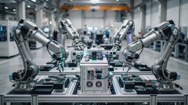 Four articulated robot arms around a central control module with machine vision cameras, servo motors, and precision grippers on a factory floor.
