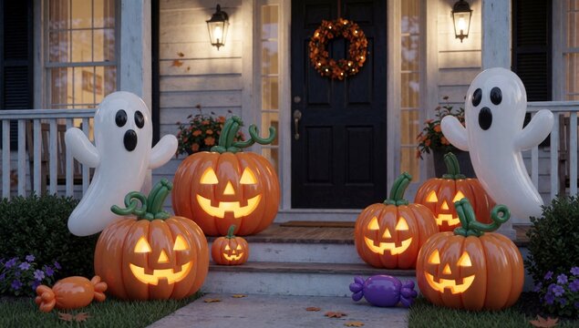 Group halloween decorations front porch house there large pumpkins different sizes shapes each carved face gre