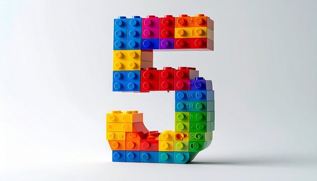 Colorful building block number five built from plastic toy bricks isolated on white background