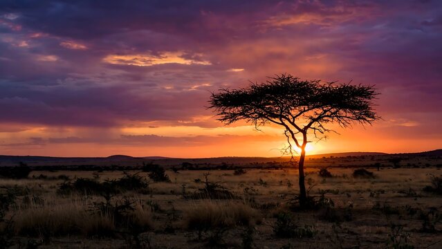 Silhouette of a single acacia tree against a vibrant purple and orange sunset sky in a wide savanna landscape