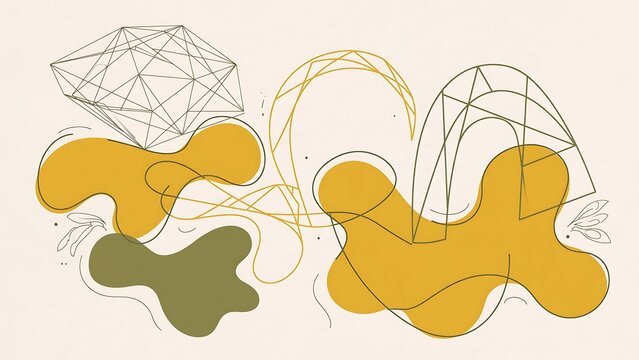 Contemporary abstract digital illustration featuring geometric wireframes and organic fluid shapes in yellow and olive green on cream background