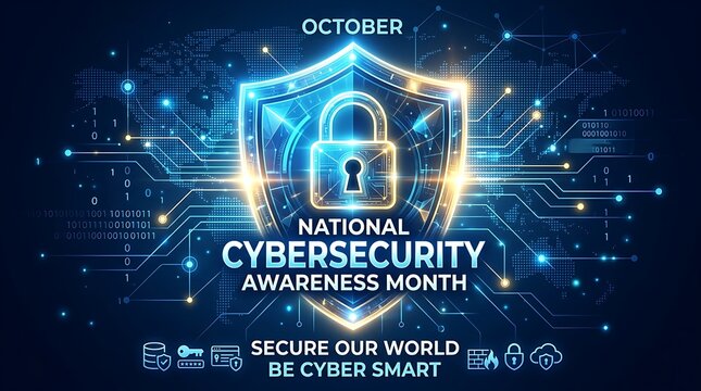 During National Cybersecurity Awareness Month, a luminous lock and shield are displayed against a dark blue backdrop