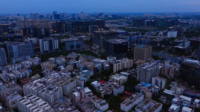 Aerial View of Madhapur Residential Area with HITEC City Skyline on Twilight at hyderabad, telangana, india. evening time, push in shot, drone shot, 4k.