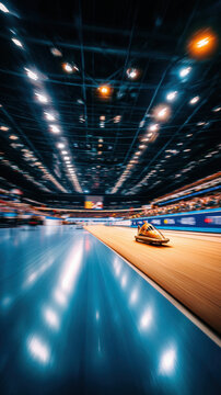 A bobsleigh hurtles down the track at a winter sports competition. The bobsleigh races down the track in a blur of speed and motion, showcasing the thrill of winter sports