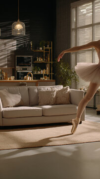 Ballerina practices ballet in a modern, sunlit living room. A graceful ballerina practices her ballet moves in a beautiful, sunlit living room, creating a serene atmosphere