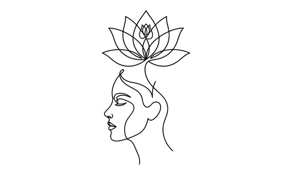 Elegant woman profile with lotus flower growing from head minimal line art isolated on transparent background, isolated on white background, Vector, illustration World Mental Health Day 2027 one line 