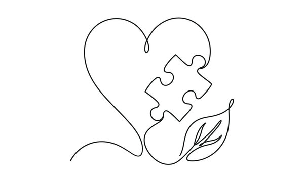 Heart puzzle pieces with leaf and vine illustration isolated on transparent background, isolated on white background, Vector, illustration World Mental Health Day 2027 one line art vector editable des