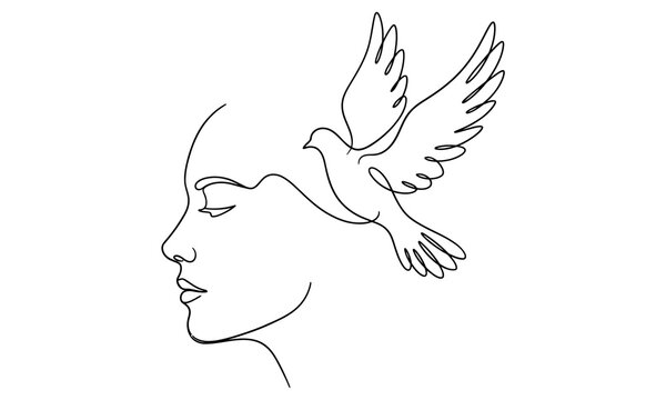 Minimalist line drawing of a woman with a flying dove near her face isolated on transparent background, isolated on white background, Vector, illustration World Mental Health Day 2027 one line art vec