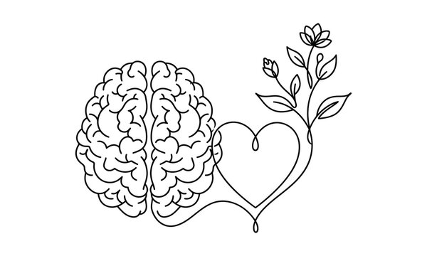 Brain connected to heart with plant illustration vector icon isolated on transparent background, isolated on white background, Vector, illustration World Mental Health Day 2027 one line art vector edi