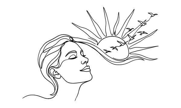 Woman with sun and birds rising above her head in a dreamy style isolated on transparent background, isolated on white background, Vector, illustration World Mental Health Day 2027 one line art vector