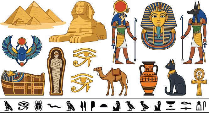 Ancient Egypt Culture Vector Icon Set Featuring Pyramids Sphinx Pharaon Tutankhamun Mummy Gods Hieroglyphs and Historical Landmark Elements