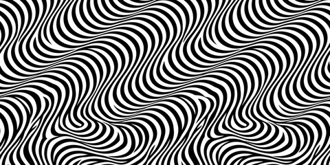 Fototapeta premium Optical illusion wavy line pattern, black and white psychedelic swirl background, abstract hypnotic curved stripes texture, seamless vector art