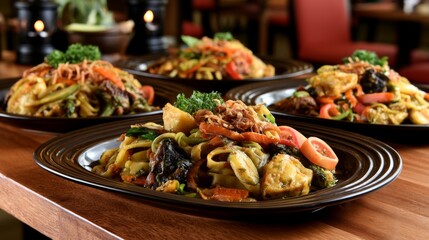 Obraz premium Colorful Plated Dishes of Noodles with Fresh Vegetables and Herbs on Wooden Table in Cozy Restaurant Setting
