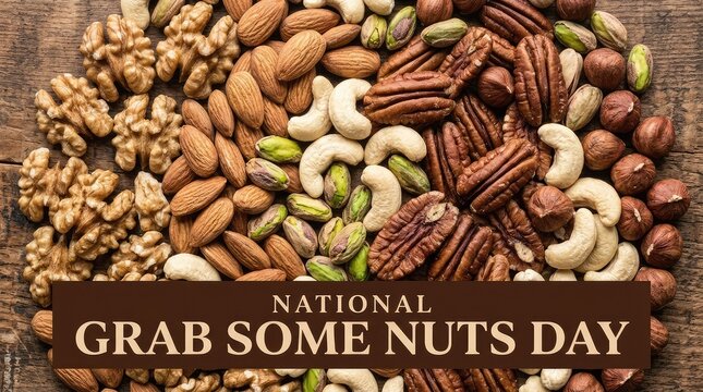 National Grab Some Nuts Day banner with assorted raw nuts variety pattern background