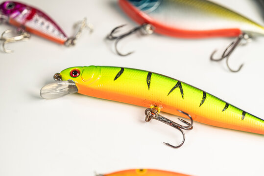 Diverse minnow fishing lures on white background The Concept of predator angling