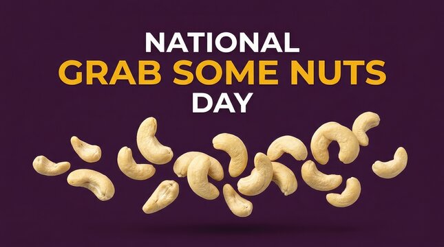 National Grab Some Nuts Day purple banner with falling cashew nuts splash effect