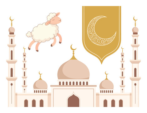 Celebraci&oacute;n de Eid al-Adha con una linda oveja y una mezquita