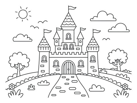 Dibujo para colorear de un castillo de cuento de hadas para ni&ntilde;os con paisaje