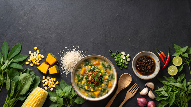 Traditional Tinutuan Manado with authentic fresh ingredients arranged in a premium flat lay for cookbooks, restaurant branding, culinary education, tourism promotion, and commercial advertising.