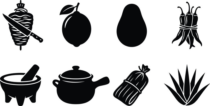 Mexican Food Ingredients and Kitchen Tools Vector Silhouettes Set Including Pastor Lime Avocado Chili Molcajete Tamale and Agave