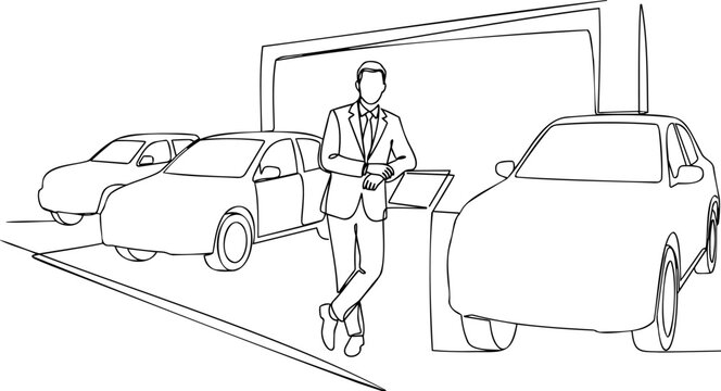 Continuous one line drawing of generic businessman standing confidently in front of cars at automobile dealership showroom concept vector