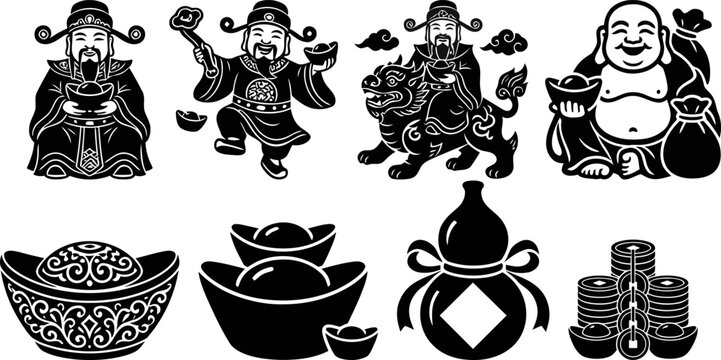 Chinese God of Wealth vector set, traditional Lunar New Year symbols and Caishen characters, black and white oriental prosperity icons