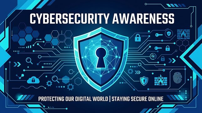 Keyhole-equipped shield with a bold CYBERSECURITY AWARENESS font and a flat vector image