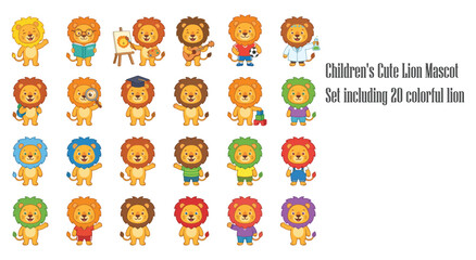 Obraz premium Lions with Colorful Outfits and Accessories in a Children's Mascot Set Featuring Cute, Cartoon, Illustration with Vector