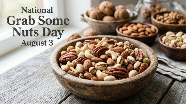 National Grab Some Nuts Day August 3 banner with wooden bowl of mixed nuts near window