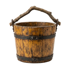Fototapeta premium An old rustic wooden bucket with metal bands and a rough branch handle, isolated on transparent background