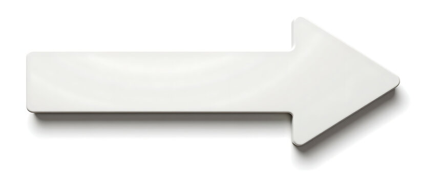 Glossy white right arrow shape with a subtle shadow, suggesting direction and movement, isolated on a clean white background.